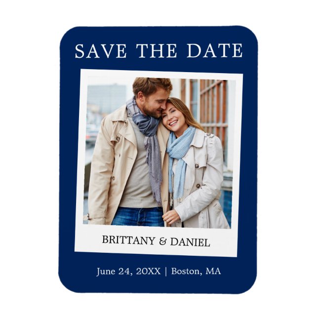 Instant Camera Style Photo Save The Date Blue Magnet (Vertical)