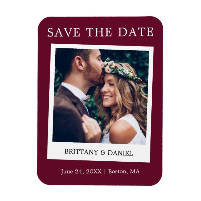 Instant Camera Style Photo Save The Date Burgundy Magnet (Vertical)
