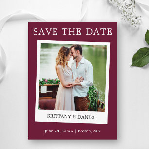 Instant Camera Style Photo Save The Date Burgundy Postcard