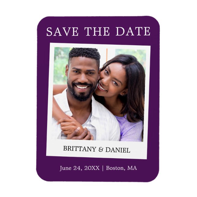 Instant Camera Style Photo Save The Date Purple Magnet (Vertical)