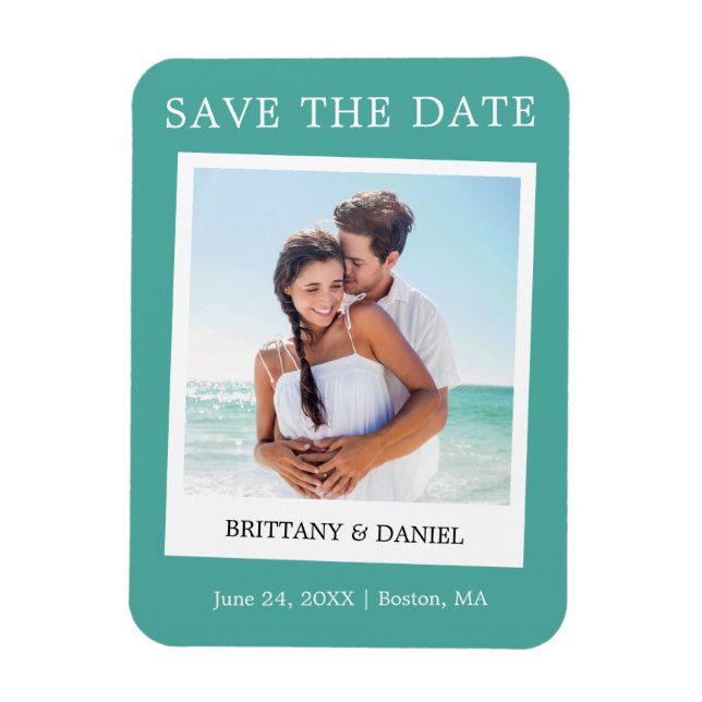 Instant Camera Style Photo Save The Date Teal Magnet (Vertical)