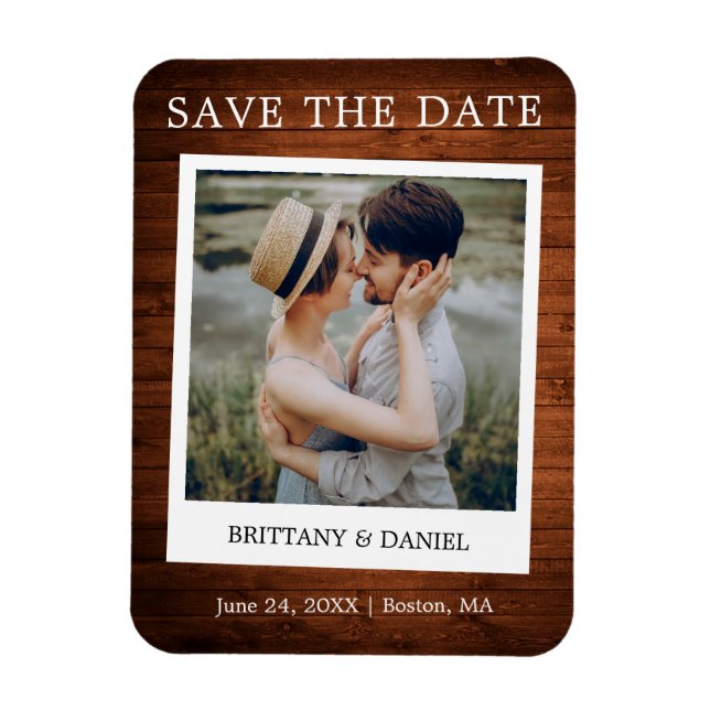 Instant Camera Style Photo Wood Save The Date Magnet (Vertical)