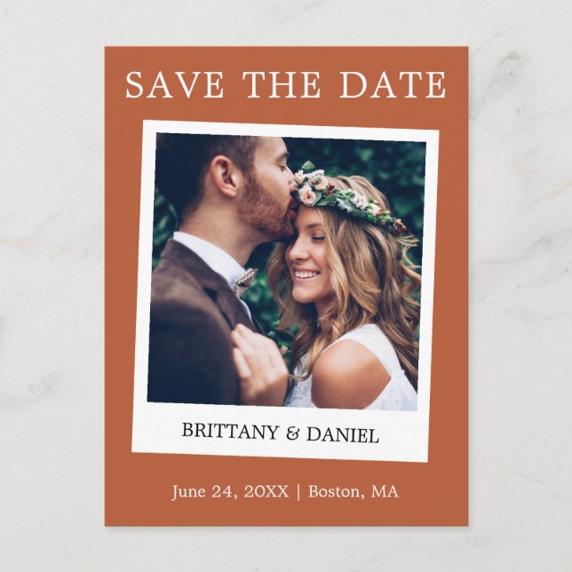 Instant Camera Style Save The Date Terracotta Postcard (Front)