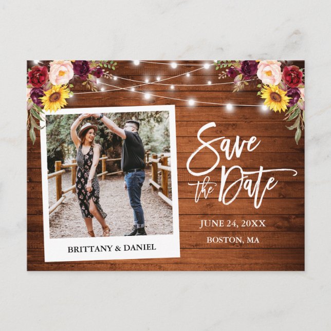 Instant Camera Wood Mixed Floral Save The Date Postcard (Front)