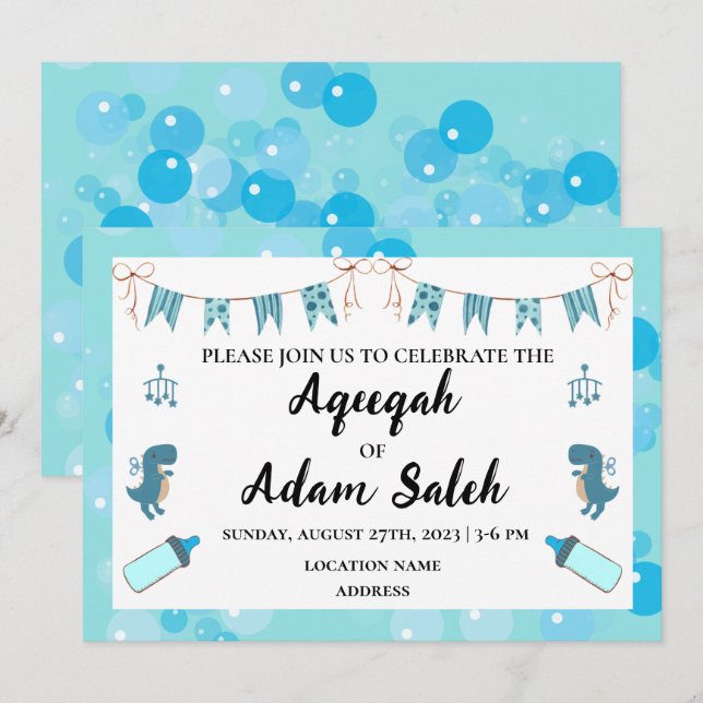 Instant Editable Aqeeqah Boy Blue Invitation Card (Front/Back)