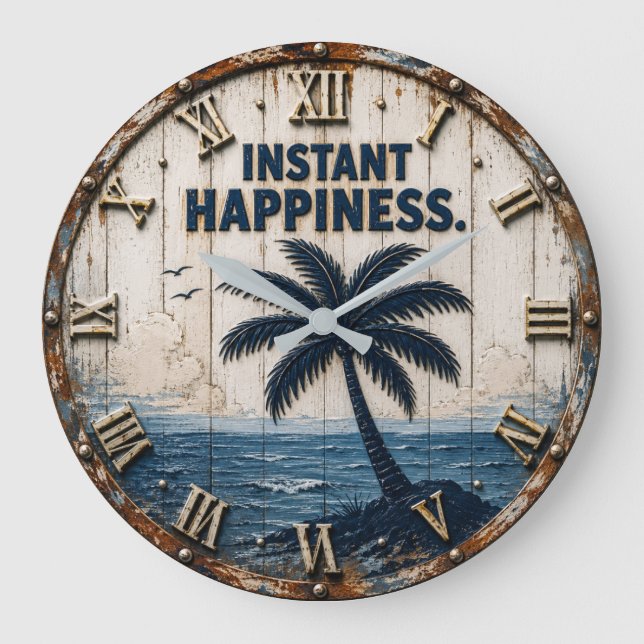 Instant Happiness Coastal  Beach House Palm Tree  Large Clock (Front)