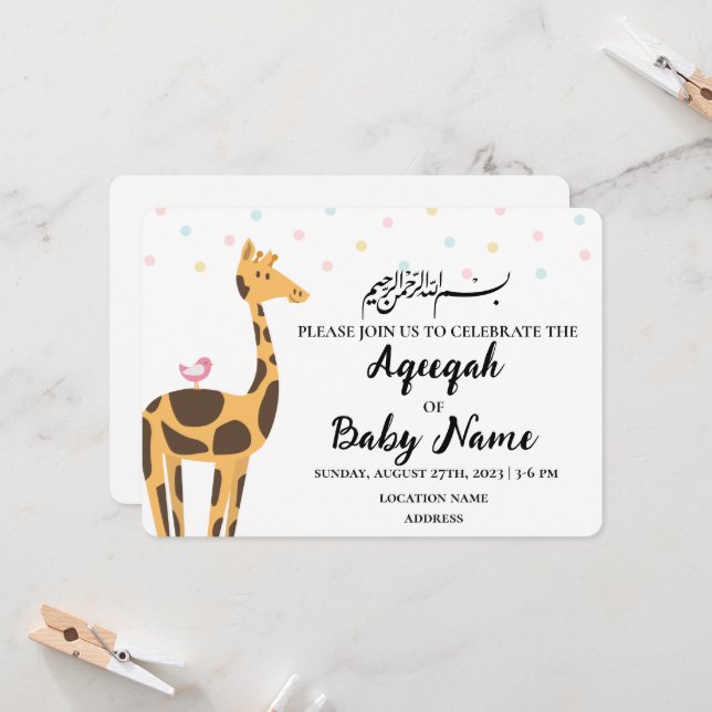 Instant Modern Neutral Aqeeqah Invitation Card (Front/Back In Situ)