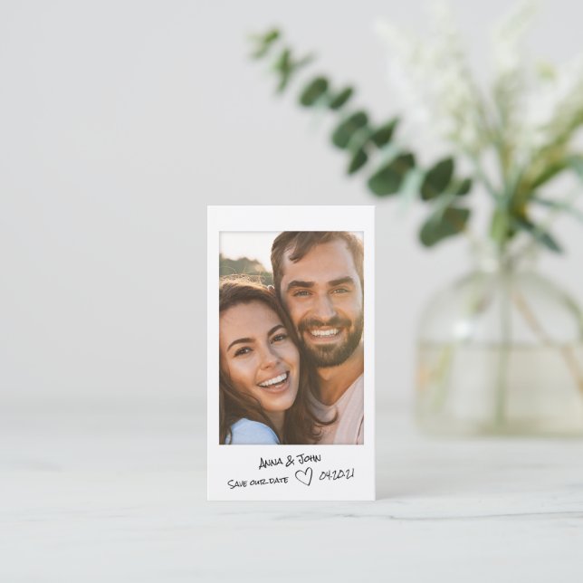 Instant photo with handwritten notes Save the Date Business Card (Standing Front)