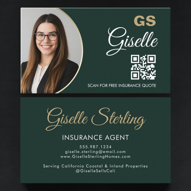 Insurance Agent Emerald Green Gold Photo QR Code  Business Card (Creator Uploaded)