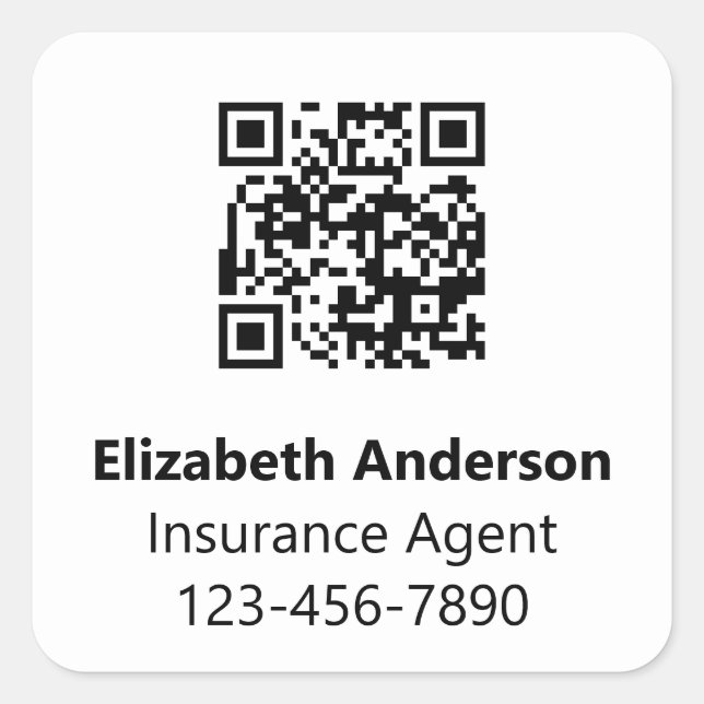 Insurance Agent Name Black and White QR Code Square Sticker (Front)