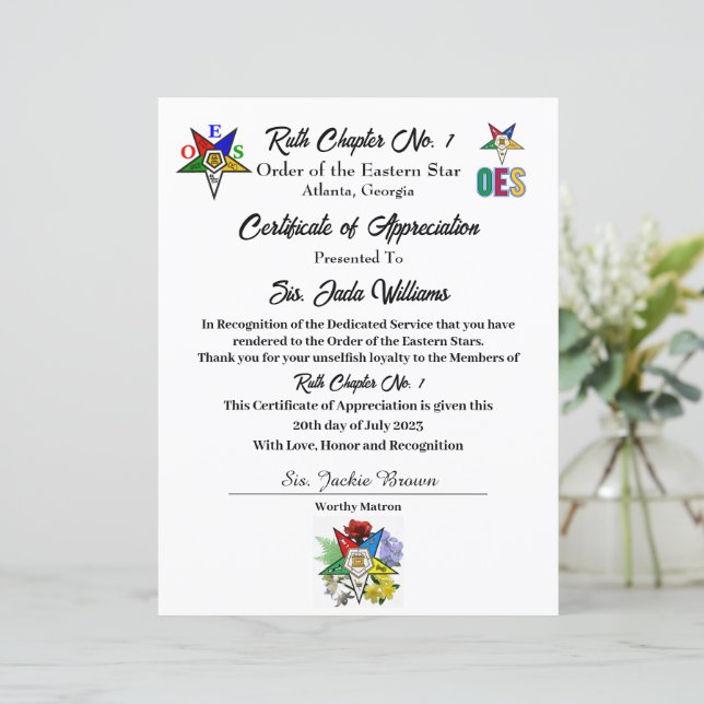 Int.OES Certificate of Appreciation  (Standing Front)