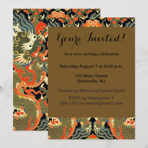 intage Chinese Dragon Textile Print Asian Art Invitation