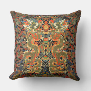 intage Chinese Dragon Textile Print Asian Art Outdoor Pillow