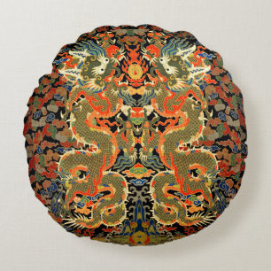 intage Chinese Dragon Textile Print Asian Art Round Pillow