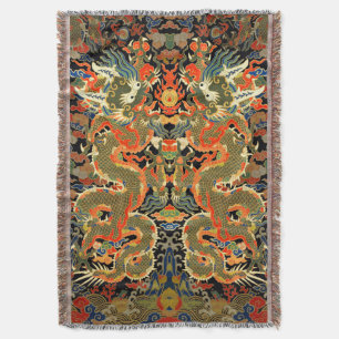 intage Chinese Dragon Textile Print Asian Art Throw Blanket