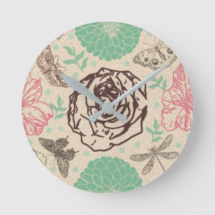 intage Floral & Butterfly   Nature Inspired Home  Round Clock