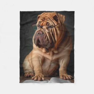 Intelligent Shar Pei Dog with Book Design Fleece Blanket