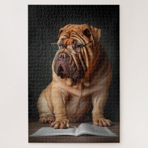 Intelligent Shar Pei Dog with Book Design Jigsaw Puzzle