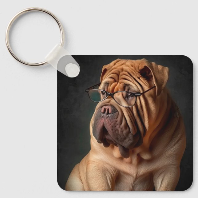 Intelligent Shar Pei Dog with Book Design Keychain (Front)