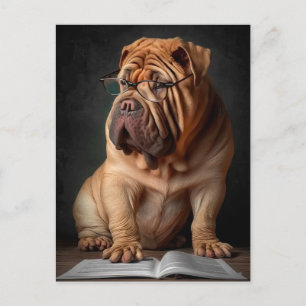 Intelligent Shar Pei Dog with Book Design Postcard