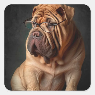 Intelligent Shar Pei Dog with Book Design Square Sticker