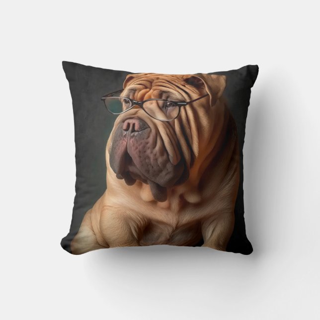 Intelligent Shar Pei Dog with Book Design Throw Pillow (Front)