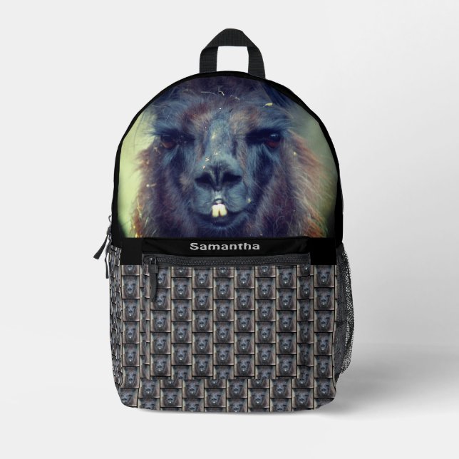 Intense Black Llama Face Personalized Printed Backpack (Front)