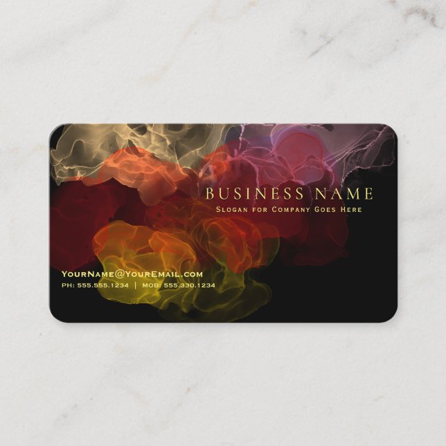 Intense Fiery Scarlet Fluid Ink Abstract on Black Business Card (Front)