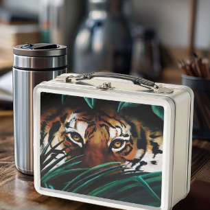 Intense Green Jungle Tiger Eyes Wildlife Leaves Metal Lunch Box
