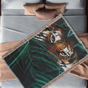 Intense Green Jungle Tiger Eyes Wildlife Leaves Throw Blanket