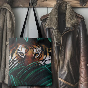 Intense Green Jungle Tiger Eyes Wildlife Leaves Tote Bag