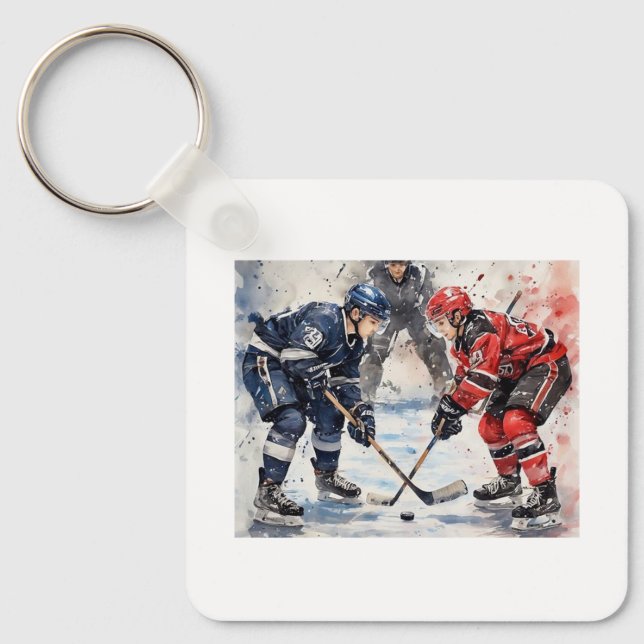 Intense Hockey Face-Off,  Keychain (Front)
