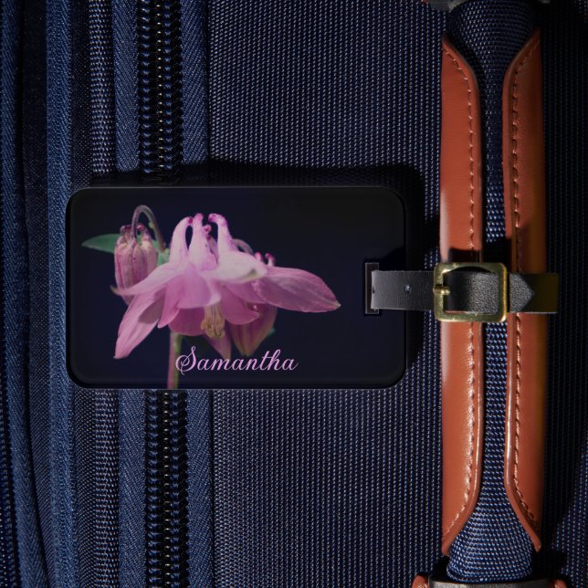 Intense Pink Columbine Flower Personalized Luggage Tag (Front Insitu 4)