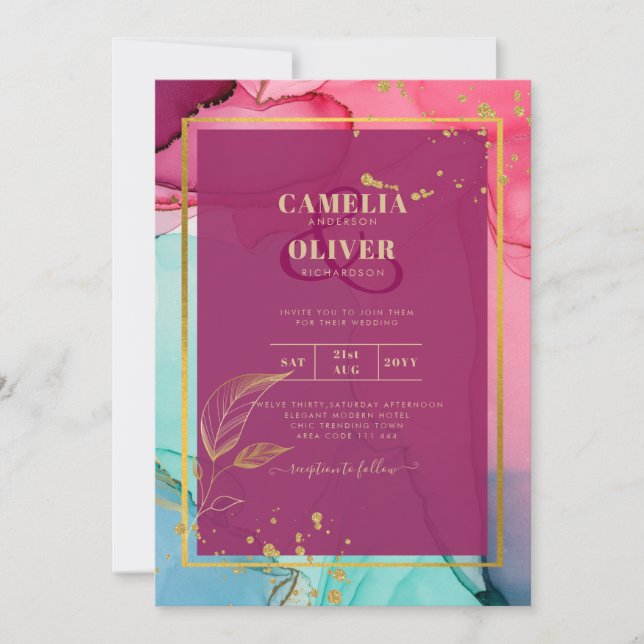 Intense PINK Turquoise GOLD WEDDING Alcohol Ink Invitation (Front)