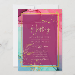 Intense PINK Turquoise GOLD WEDDING Alcohol Ink Invitation