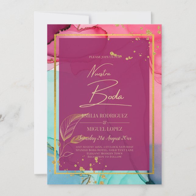 Intense PINK Turquoise GOLD WEDDING Alcohol Ink Invitation (Front)