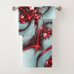intense red fractal lizard on sandy graine texture bath towel set