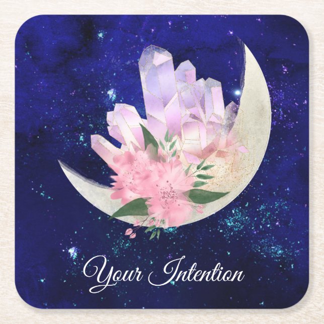 *~* INTENTION Emoto Cosmic Floral Crystals Square Paper Coaster (Front)