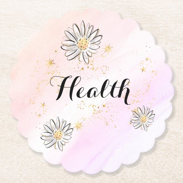 *~*  INTENTION HEALTH Floral Rainbow Glitter Paper Paper Coaster (Front)