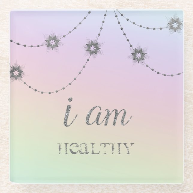 *~  INTENTION HEALTH Rainbow Glitter Stars Glass Coaster (Front)