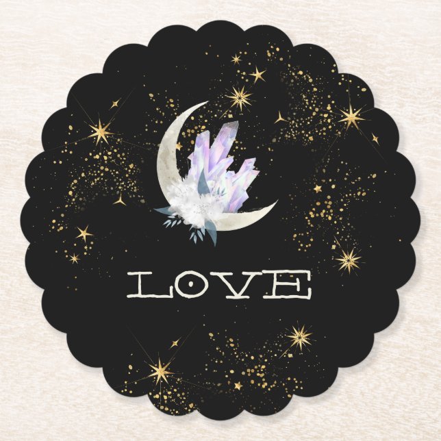 ~*  INTENTION LOVE Gold Celestial Crystal Moon Paper Coaster (Front)