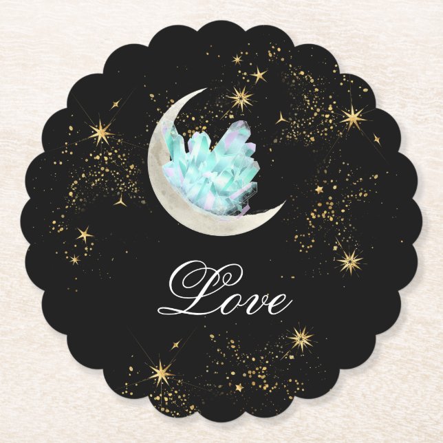 *~*  INTENTION LOVE Gold Celestial  Moon Crystal Paper Coaster (Front)