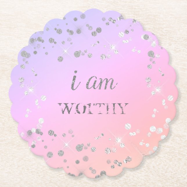 *~* INTENTION - PERSONALIZE - I AM WORTHY Glitter Paper Coaster (Front)