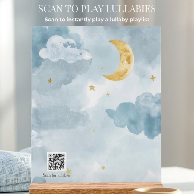Interactive QR Code Lullaby Blue Watercolor Moon Acrylic Sign (Modern blue moon nursery acrylic with an interactive QR code linking to a dreamy Spotify playlist.)