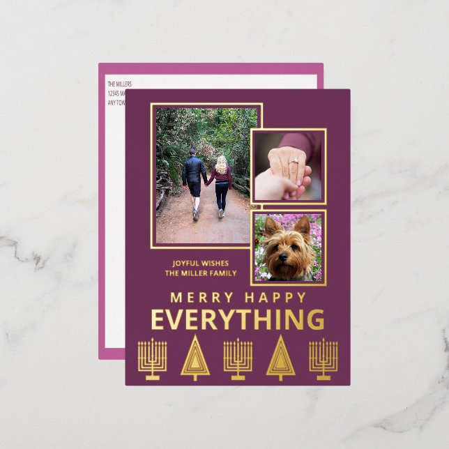 Interfaith 3 Photo Simple Modern Purple Gold Foil Holiday Postcard (Front/Back)