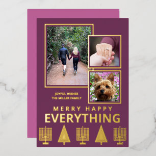 Interfaith 3 Photo Simple Trendy Purple Gold Foil Holiday Card