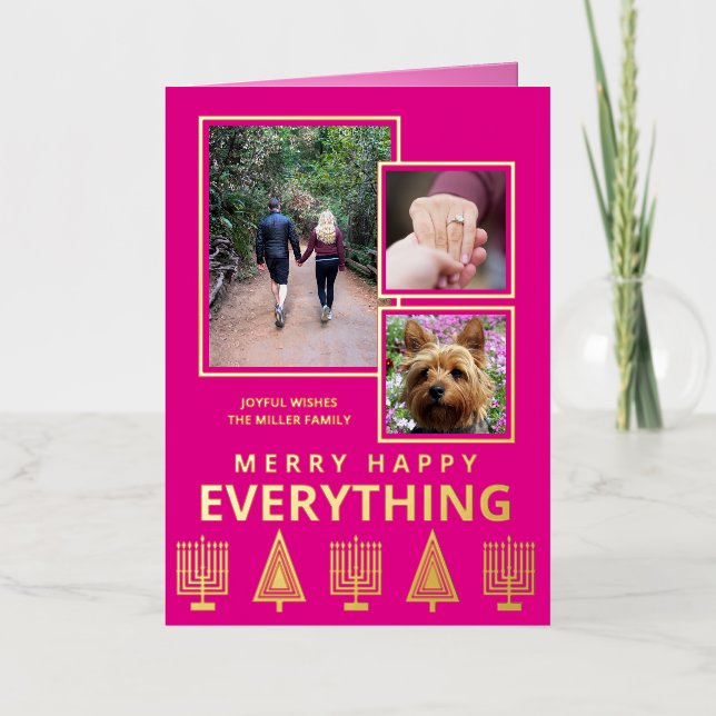 Interfaith 3 Photo Trendy Simple Pink Gold Foil Holiday Card (Front)