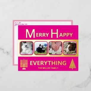 Interfaith 4 Photo Simple Modern Pink Gold Foil Holiday Postcard