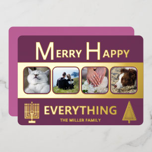 Interfaith 4 Photo Simple Trendy Purple Gold Foil Holiday Card