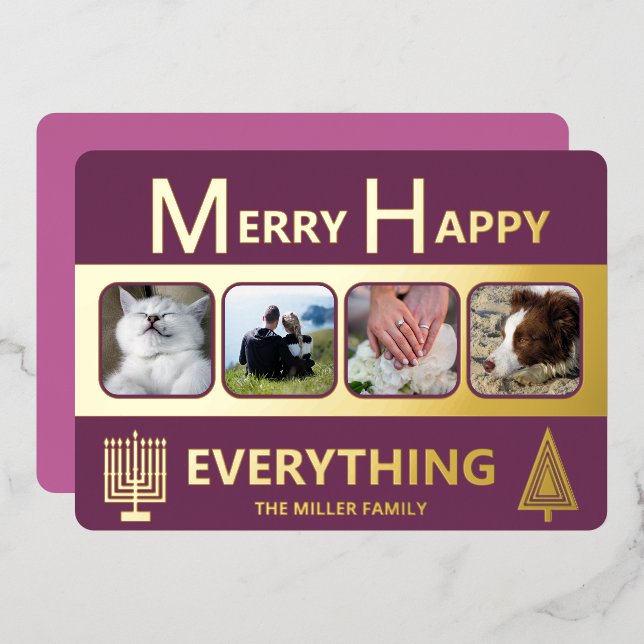 Interfaith 4 Photo Simple Trendy Purple Gold Foil Holiday Card (Front/Back)